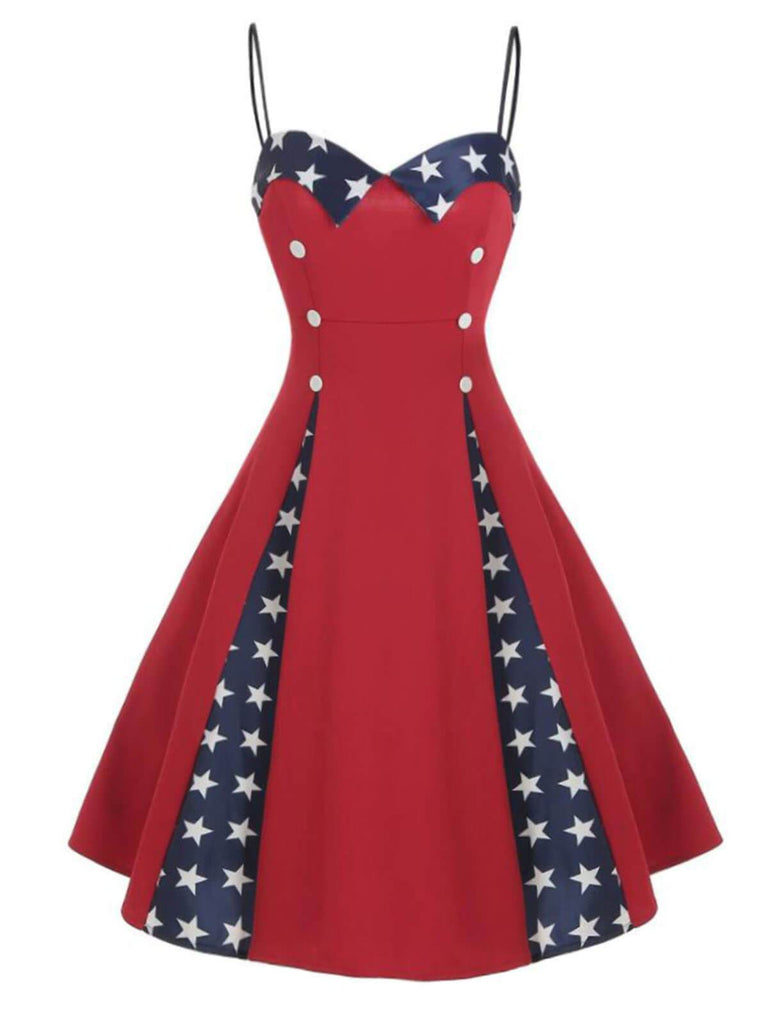 Red 1950s Star Patchwork Strap Dress