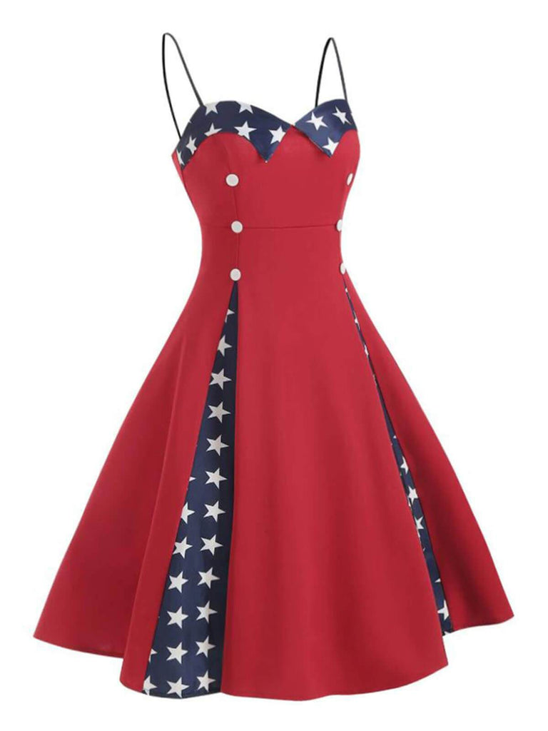 Red 1950s Star Patchwork Strap Dress