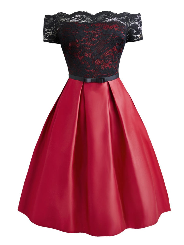 Red 1950s Off Shoulder Lace Belted Dress