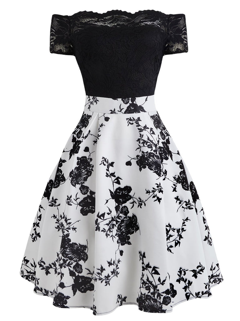 1950s Floral Off Shoulder Lace Dress
