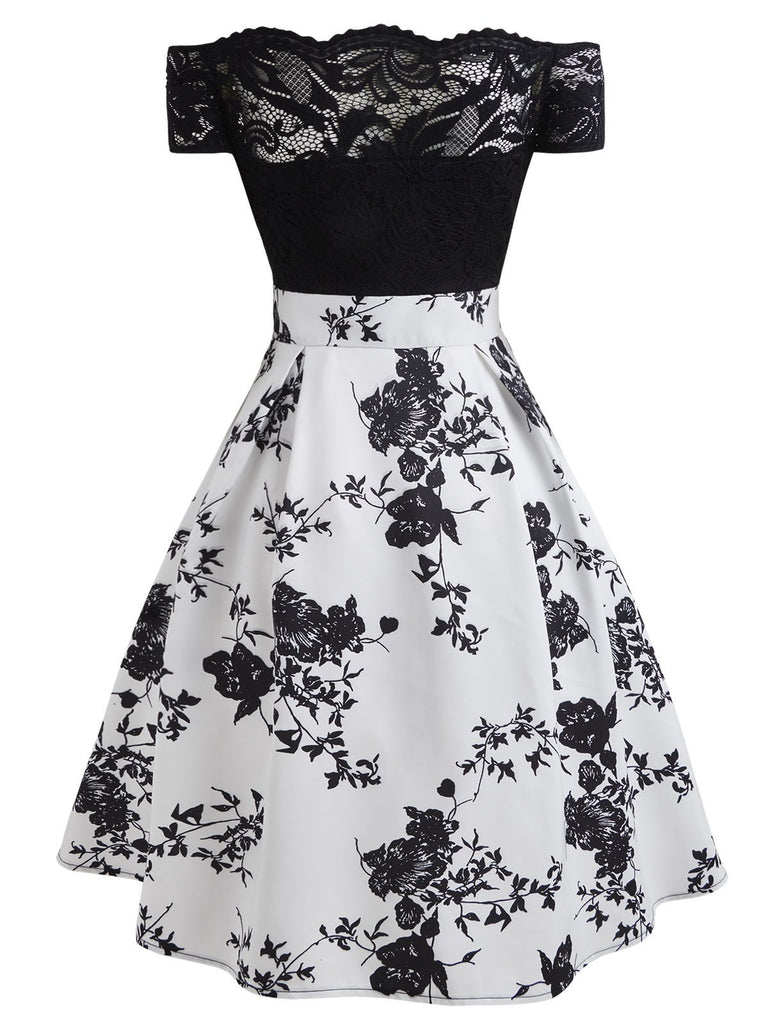 1950s Floral Off Shoulder Lace Dress