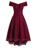 Wine Red 1950s Off Shoulder High-Low Dress