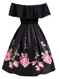 Black 1950s Ruffle Off Shoulder Dress
