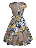 Khaki 1950s Floral Swing Dress