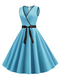 Blue 1950s Lace Up Swing Dress