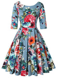 1950s Floral 3/4 Sleeve Swing Dress