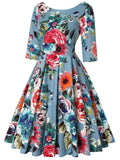 1950s Floral 3/4 Sleeve Swing Dress