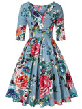 1950s Floral 3/4 Sleeve Swing Dress