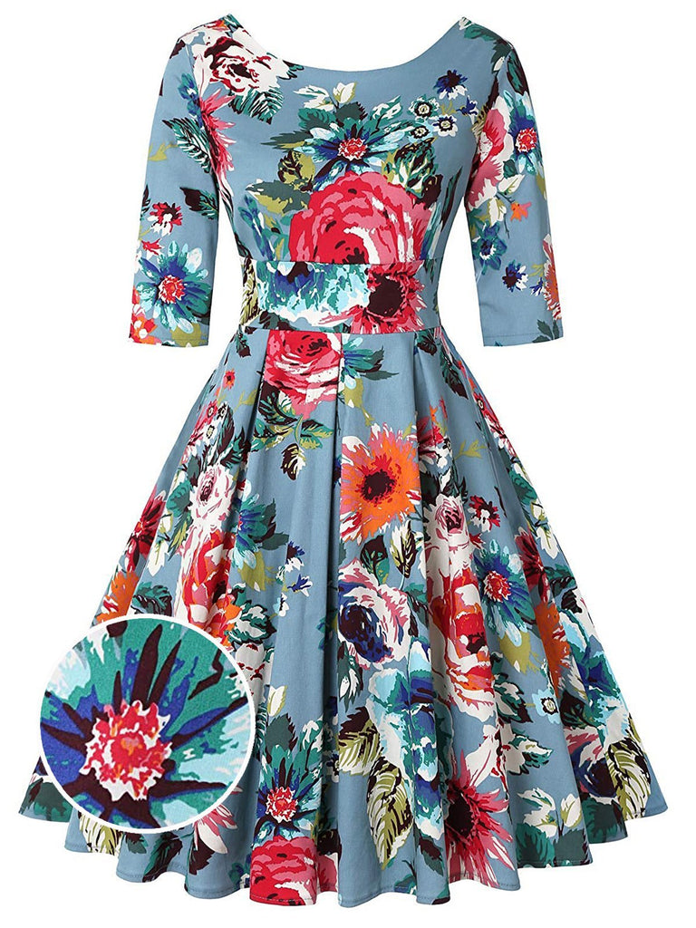 1950s Floral 3/4 Sleeve Swing Dress – FashionLoveHunter