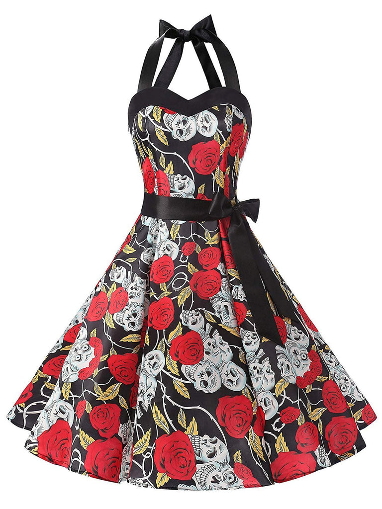 Black 1950s Rose Skull Halloween Dress