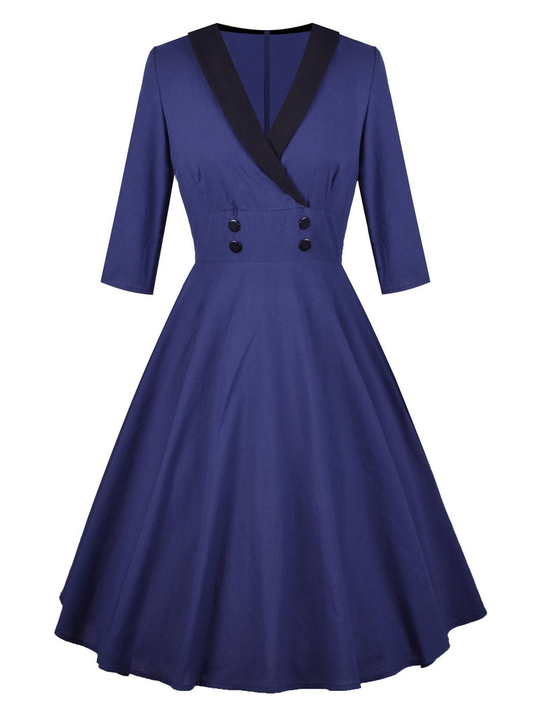 Navy Blue 1950s 3/4 Sleeve Swing Dress