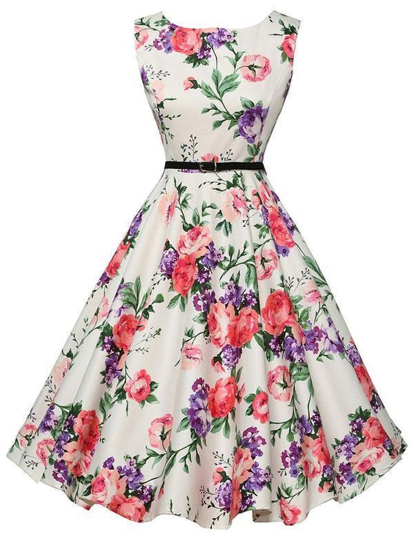 1950s Floral Belted Swing Dress