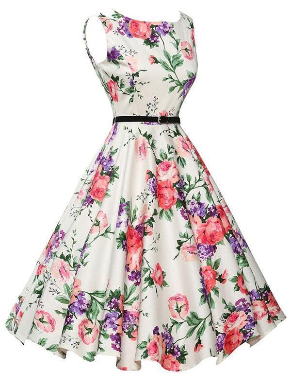 1950s Floral Belted Swing Dress