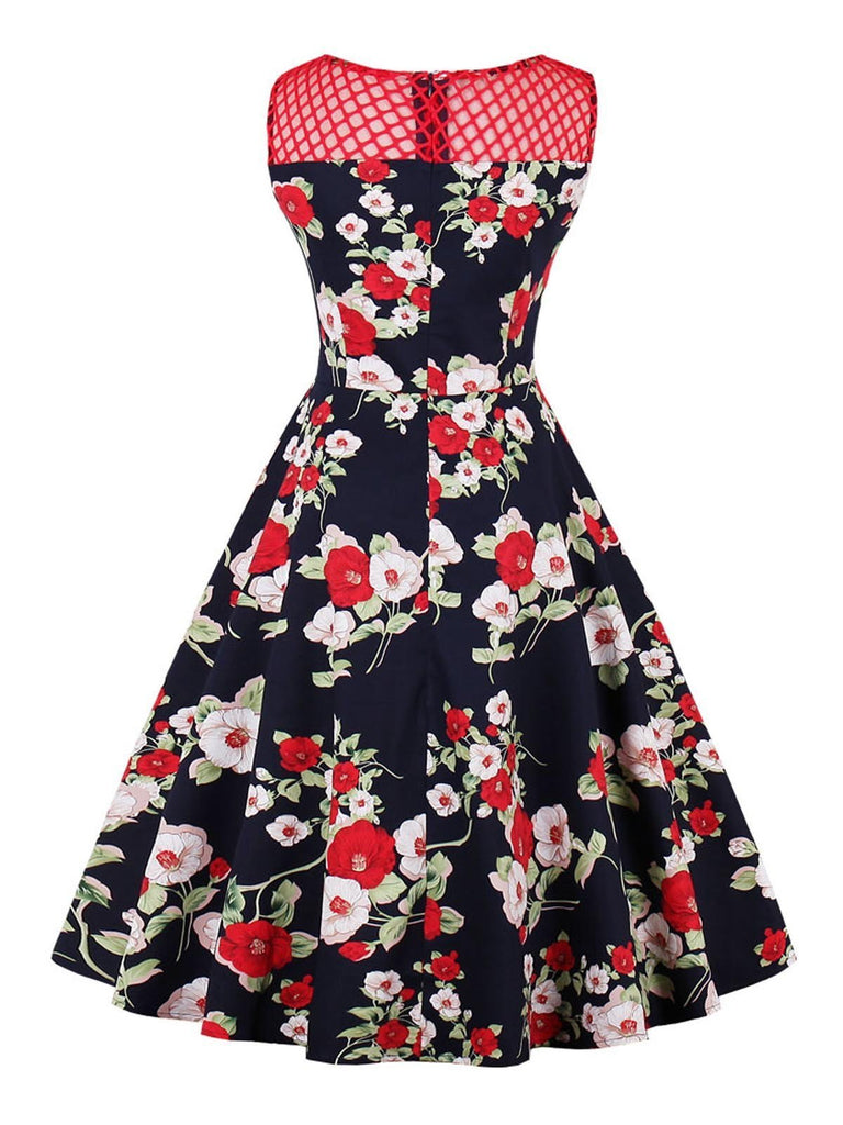 Red 1950s Floral Print Sleeveless Dress