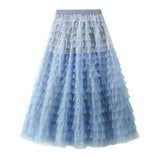 Long Maxi Women Korean Irregular Ruffle High Waist Pleated Skirt Mesh Asymmetrical Tutu Skirt