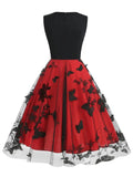 Black and Red Butterfly Embroidered Mesh Overlay Patchwork Summer Dress for Women Sleeveless Vintage Long Dresses