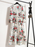 Vintage Print Floral Maxi Dress Women Elegant Long Sleeve Casual Dress