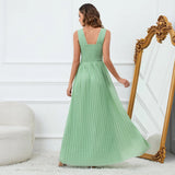 Ruched Lace Chiffon Formal Evening Dress Elegant V Neck Beading Party Gown