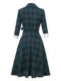 Notched Collar Vintage Green Plaid High Waist Wrap Dress Autumn Winter Women 3/4 Length Sleeve 1950 A-Line Midi Dresses