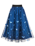 Floral Mesh Overlay Vintage Skirt with 3D Butterfly Women Elastic Waist Elegant Going Out Female Long Skirts