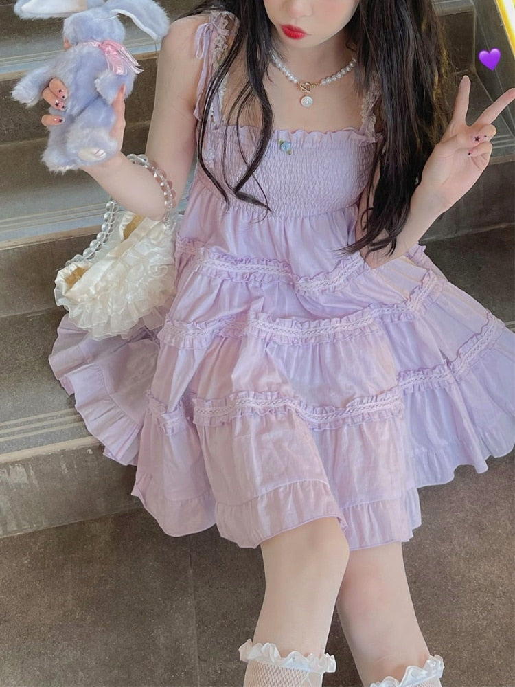 Summer Bandage Bow Sweet Strap Ruffle Flounce Fluffy Fairy Mini Korean Cute Princess Dress