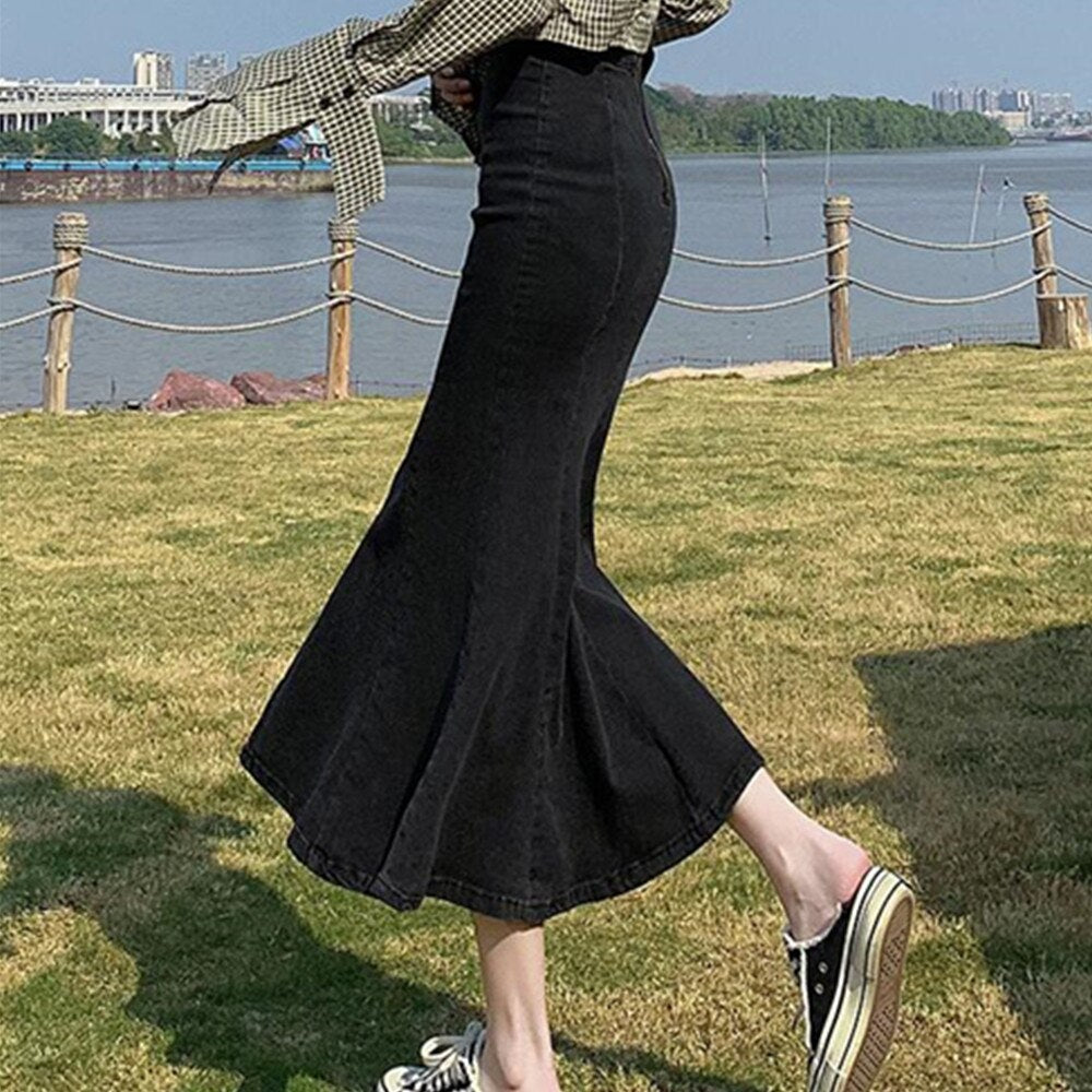 Sexy Vintage Splited Fork Hip-wrap Long Denim Trumpet Summer Elegant Korean High Waist Stretch Mermaid Skirt