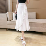 Ladies Elegant A-line Mermaid Spring Korean Style All-match Ruffles Women High Waist Long Skirt