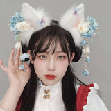 Spring Summer Fox Ear Shape Hair Hoop with Tassel Flower Decors Hair Holder Cosplay Party Headwear for Teenagers Adult