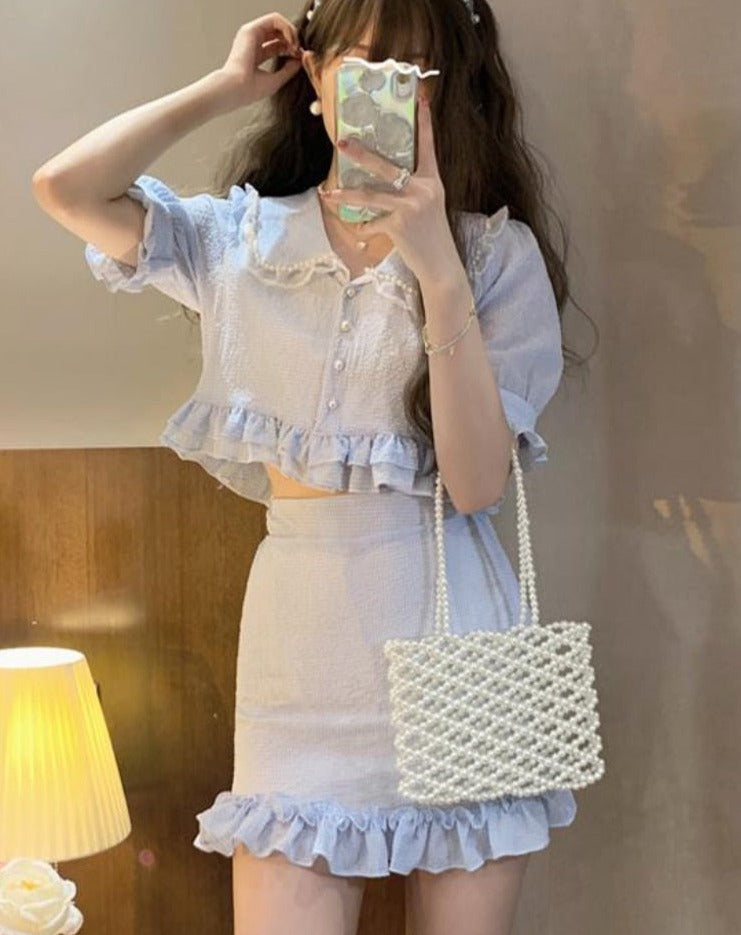 2pcs/set Summer Chiffon Pearls Sweet Korean Lace Ruffle Flounce Kawaii Mini Skirt Set Slim Fit Party Suit