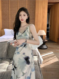 Summer Women Elegant Sleeveless Midi Print Dress Sexy Lady One Piece Holiday Party Club Vestidos