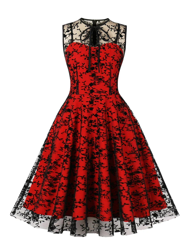 Tie Neck Sleeveless Keyhole Front Mesh Overlay Women Vintage Midi Dres – FashionLoveHunter