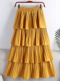 Elastic High Waist Solid Casual Pleated Skirt Elegant Ruffle Tiered Midi Skirt