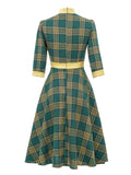 Bow Neck Green Plaid 50s Vintage 3/4 Length Sleeve Midi Dresses for Women Autumn Winter Pocket Side Retro Dress