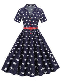 Notched Collar Short Sleeve Button Up Star Print Summer Women Knee Length Belted A-Line Vintage Dress