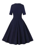 Ruched Front V-Neck High Waist Swing Dress Half Sleeve Elegant Female Tea Dresses New In Women Vintage Clothing