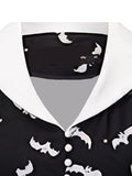 3XL 4XL Halloween Dresses Women Contrast Collar Button Front Bat Print Ladies Party Vintage Black Midi Dresses