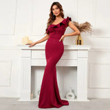 Women Burgundy Evening Slash Neck Ruffles Celebrity Party Maxi Dress Sexy Long Dress
