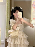 Elegant Sweet White Korean Mini Princess Summer Retro Square Collar Cascading Ruffles Puff Sleeve Fluffy Dress