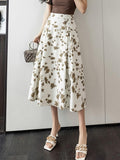 Ladies Elegant A-line Spring England Style Floral Print High Waist Women Long Party Skirt