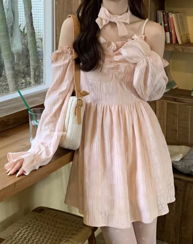 Summer Chiffon Pink Bow Sweet Strap Ruffle Flounce Kawaii Mini Korean Slim Fit Cute Dress