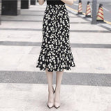 Women Summer New Korean Mermaid Vintage Long Ruffle Fishtail Skirt High Waist Floral Skirt