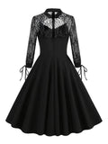 Hollow Out Front Elegant Evening Festival Black Dresses for Women Lace Long Sleeve Ladies Vintage Sexy Swing Dress