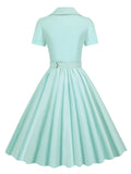 Pink Solid Cotton Long Robe Button Up Plain Vintage Elegant Women Short Sleeve Belted Pleated Midi Swing Dresses