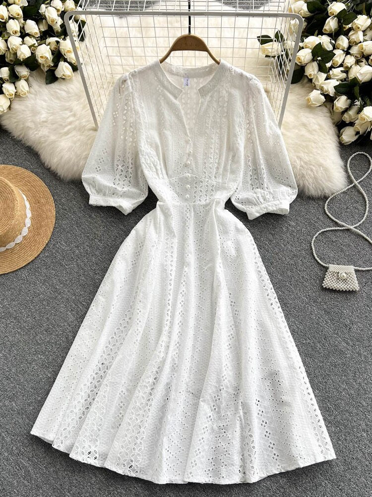 Vintage Cutwork Embroidery Dress Collared V Neck Short Puff Sleeve Summer Midi Dress