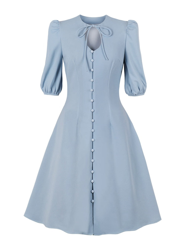 Light Blue Vintage Slim A Line Women Tie Neck Keyhole Single-Breasted 3/4 Length Sleeve Dress