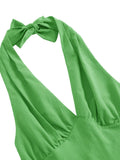 V-Neck Sexy Halter Vintage Style Summer Vacation Outfits Women Green Solid Elegant Party Pinup Ladies Swing Dresses