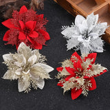 5pcs Christmas Flowers Glitter Artificial Poinsettia Floral Xmas Tree Ornaments DIY Garlands Home Wedding Party Decorations Gift