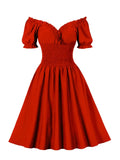 Off Shoulder Red Christmas Birthday Dress for Women Sexy V Neck Prom Evening Party Elastic Waist Vintage Pleated Dresses