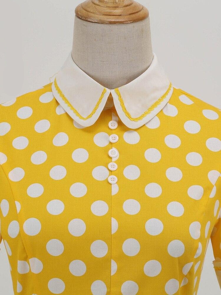 Vintage Runway Summer Women Dresses Turn Down Collar Yellow Dots Pinup Office A-Line Retro Business Formal Flare Swing Dress