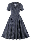 Navy Blue Button Front Striped Vintage Cotton Midi Dresses Women High Waist Pocket Side Pleated Dress